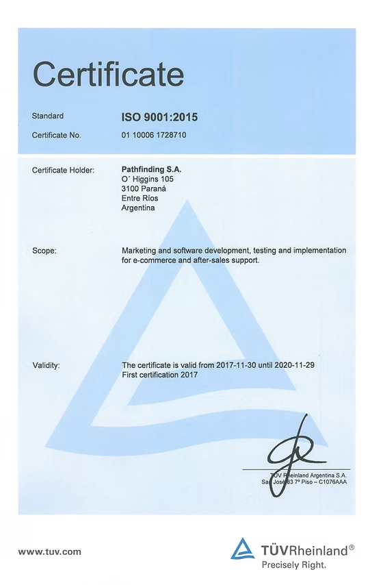 ISO 9001:2015 certificate No. 01 10006 1728710 issued by TÜV Rheinland to Pathfinding S.A.